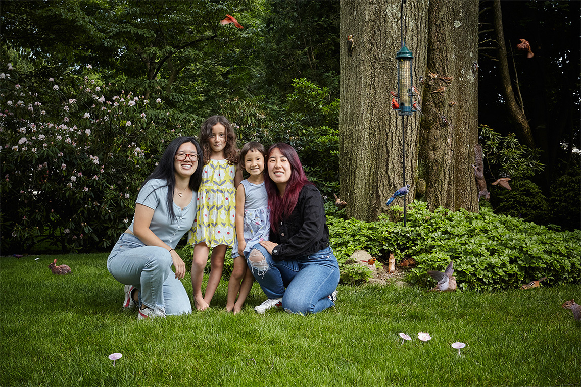 Outdoor, natural light portrait of cousins in fantasy wildlife menagerie