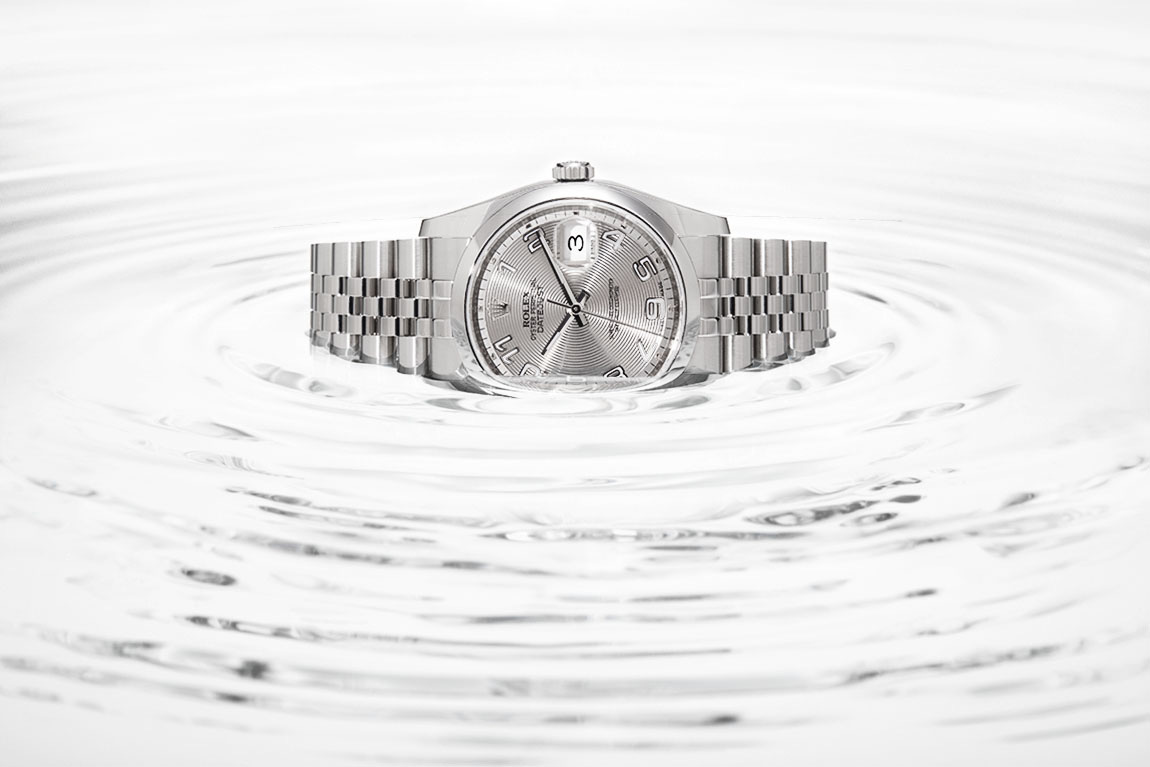 Rolex wristwatch product photography in white water